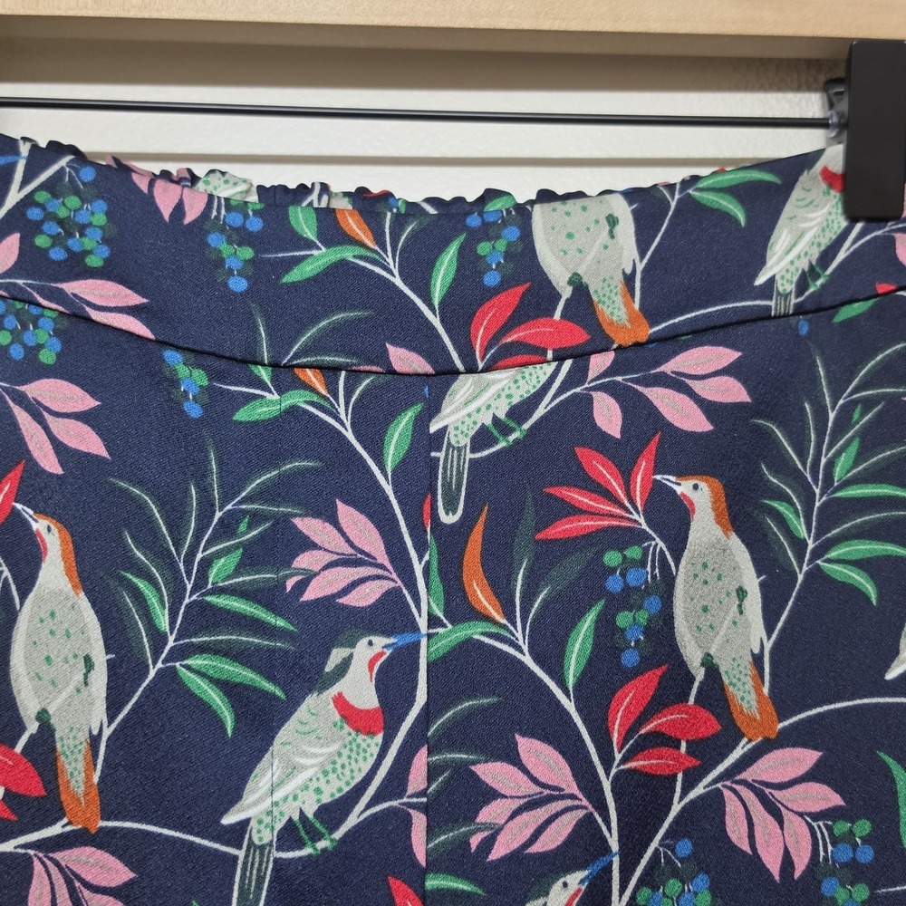 Boden Ludlow Pull On Satin Trousers Womens US 8 Bird Print Cropped Navy - Picture 5 of 11
